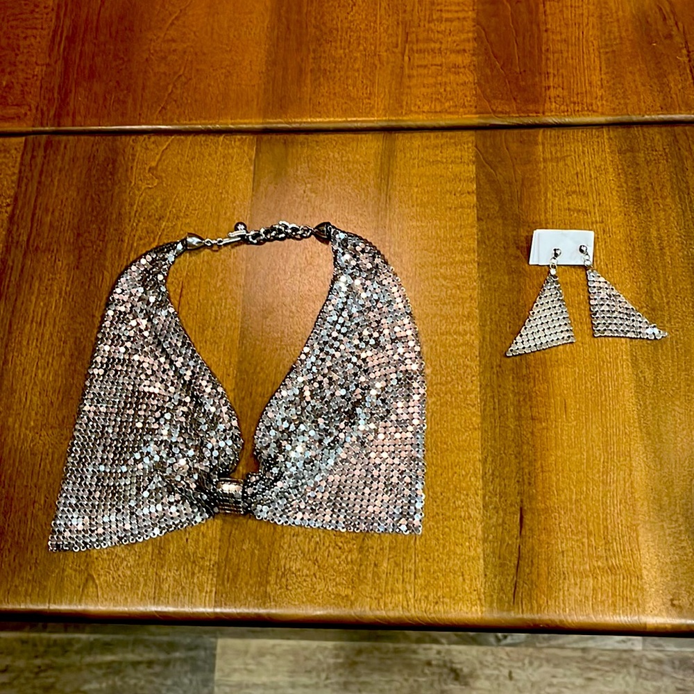 Vintage Whiting and Davis Silver Mesh Necklace and Earrings Unsigned